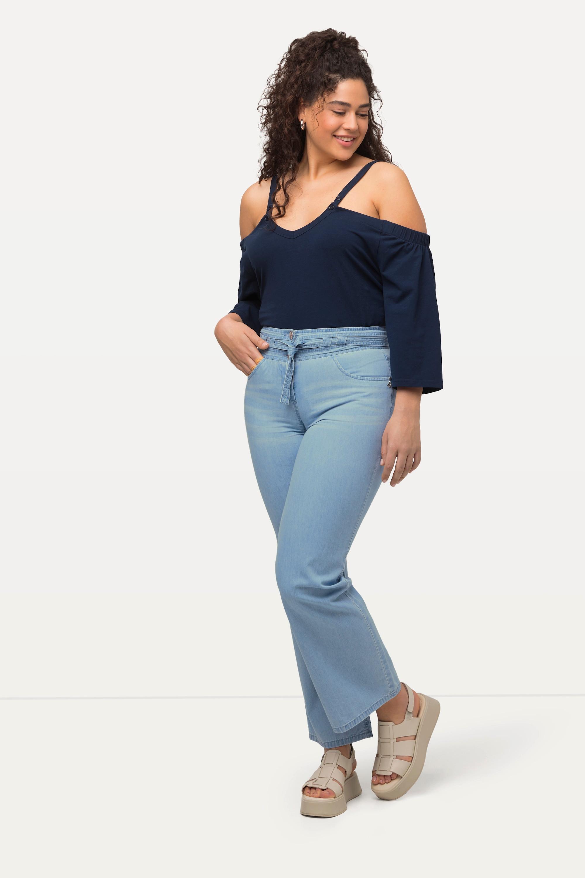 Ulla Popken  Jeans Mary, ausgestelltes Bein, Elastikbund, Bindegürtel 