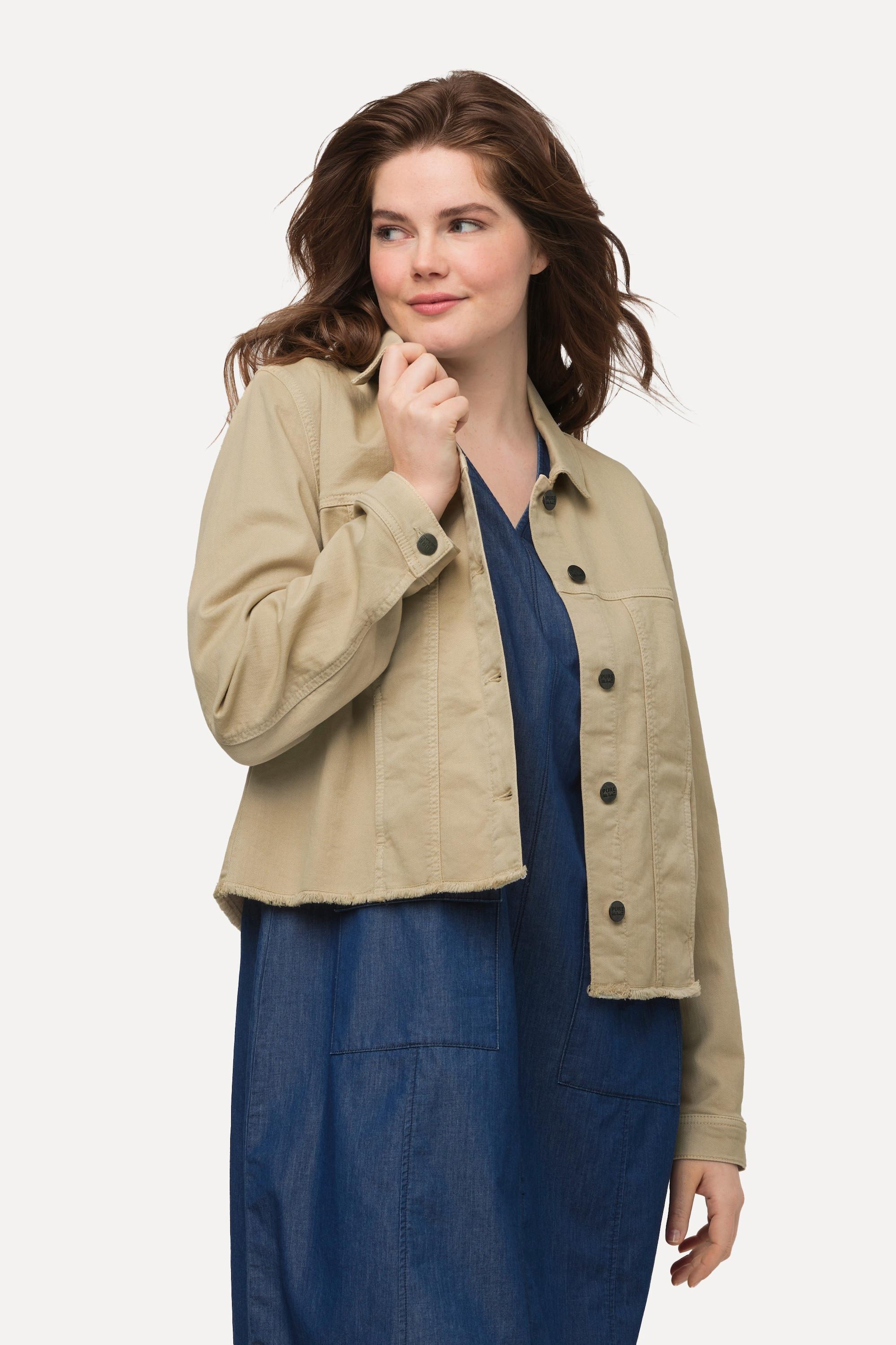 Ulla Popken  Veste colorée en jean de coton bio, oversize, bord effiloché 