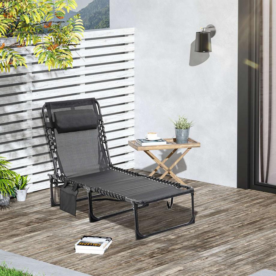 Northio Chaise longue klappbar Sonnenliege Liegestuhl mit verstellbarer Rückenlehne 5 Positionen abnehmbare Kopfstütze seitliche Tasche Textielenbezug Stahlrahmen 185 x 58 x 30 cm Schwarz  