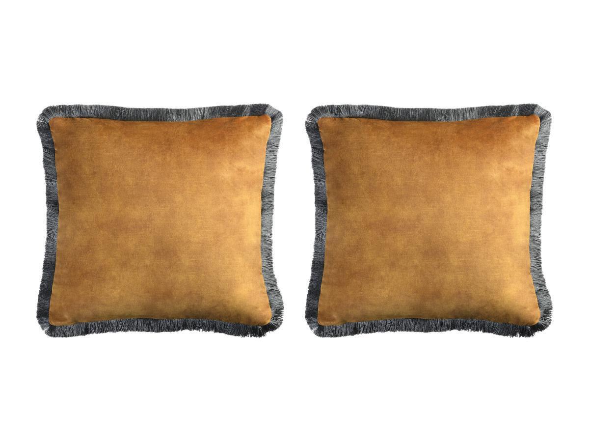 Vente-unique Lot de 2 coussins en velours à frange - 360g/m2 - 45  x 45 cm - Camel et noir - SOOTHE  