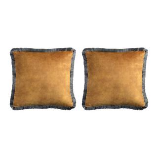 Vente-unique Lot de 2 coussins en velours à frange - 360g/m2 - 45  x 45 cm - Camel et noir - SOOTHE  