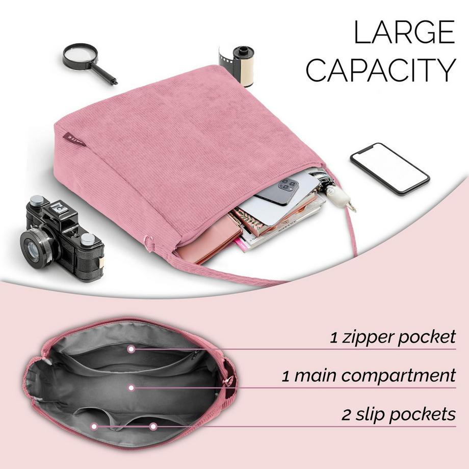 Only-bags.store Sac à bandoulière en velours côtelé avec fermeture éclair Grand sac cabas  