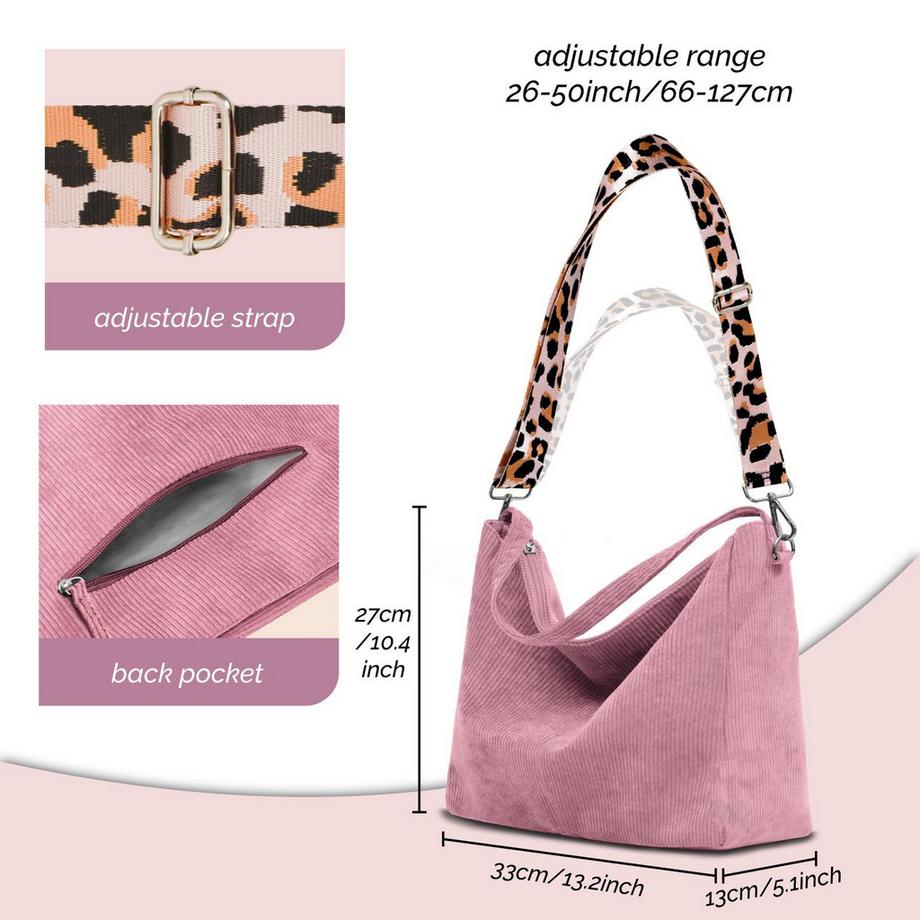 Only-bags.store Sac à bandoulière en velours côtelé avec fermeture éclair Grand sac cabas  