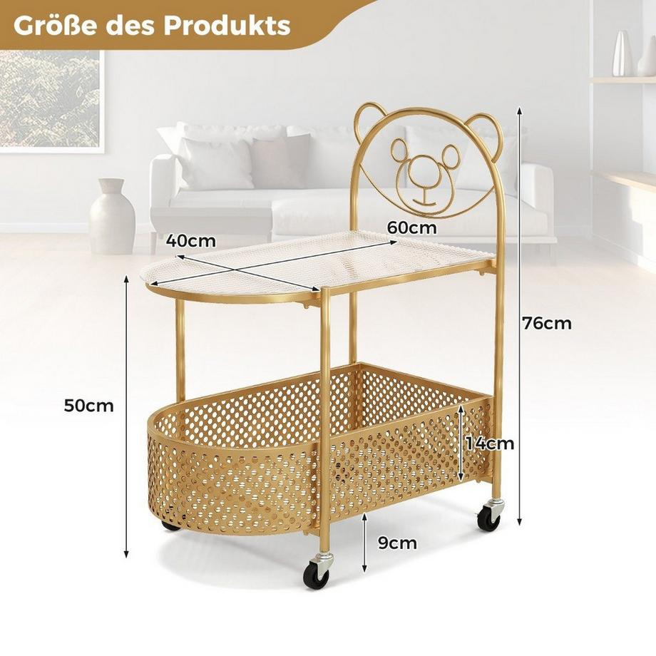 Northio Beistelltisch Glas mit Rollen 2-stufiger Glastisch mit Bärenmuster 60 x 40 x 76 cm Golden  