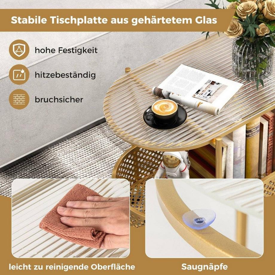 Northio Beistelltisch Glas mit Rollen 2-stufiger Glastisch mit Bärenmuster 60 x 40 x 76 cm Golden  