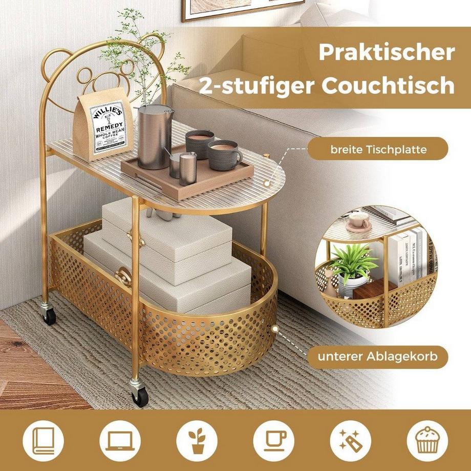 Northio Beistelltisch Glas mit Rollen 2-stufiger Glastisch mit Bärenmuster 60 x 40 x 76 cm Golden  