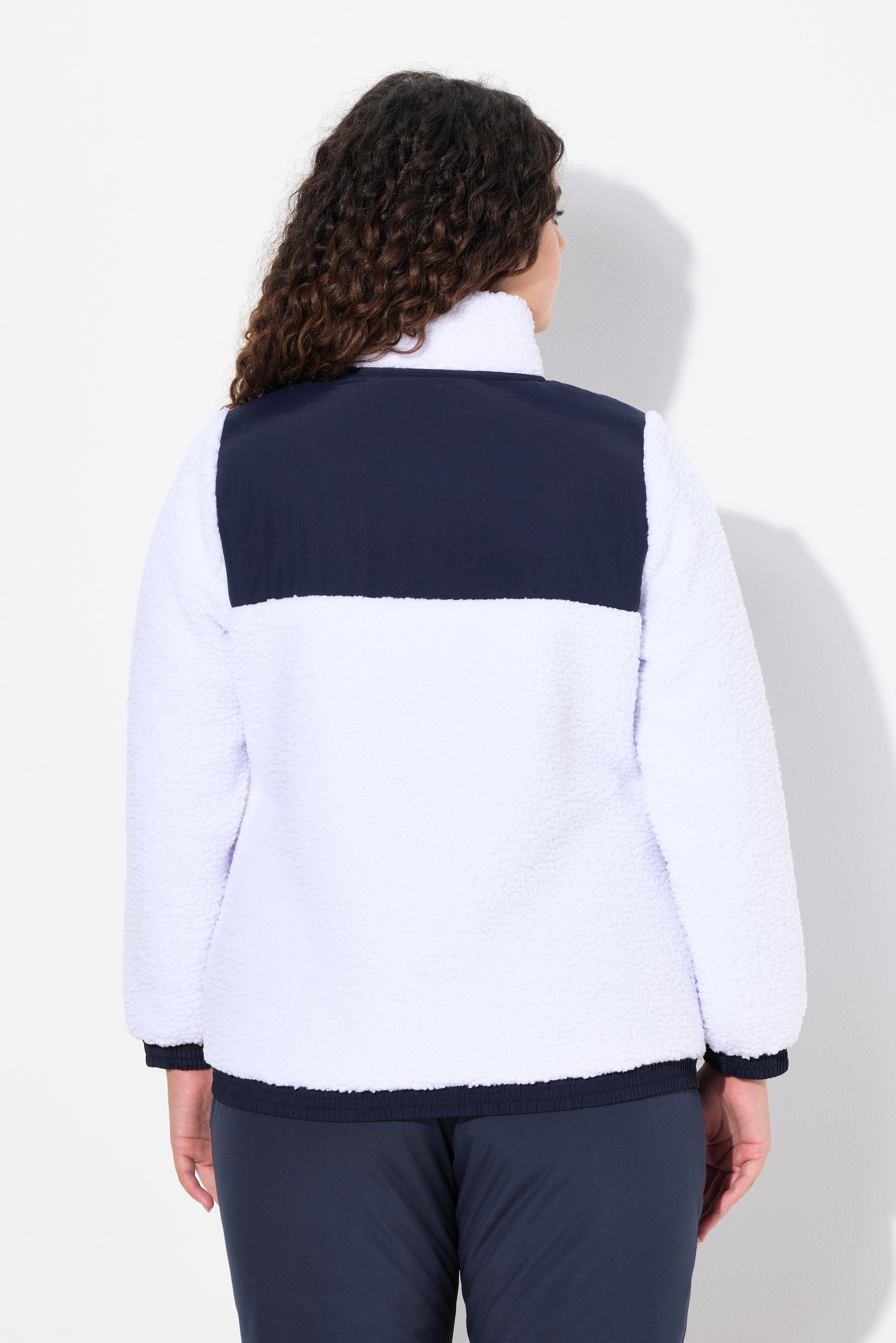 Ulla Popken Giacca Pile Teddy Applicazioni Collo Alto Cerniera Doppio Cursore  