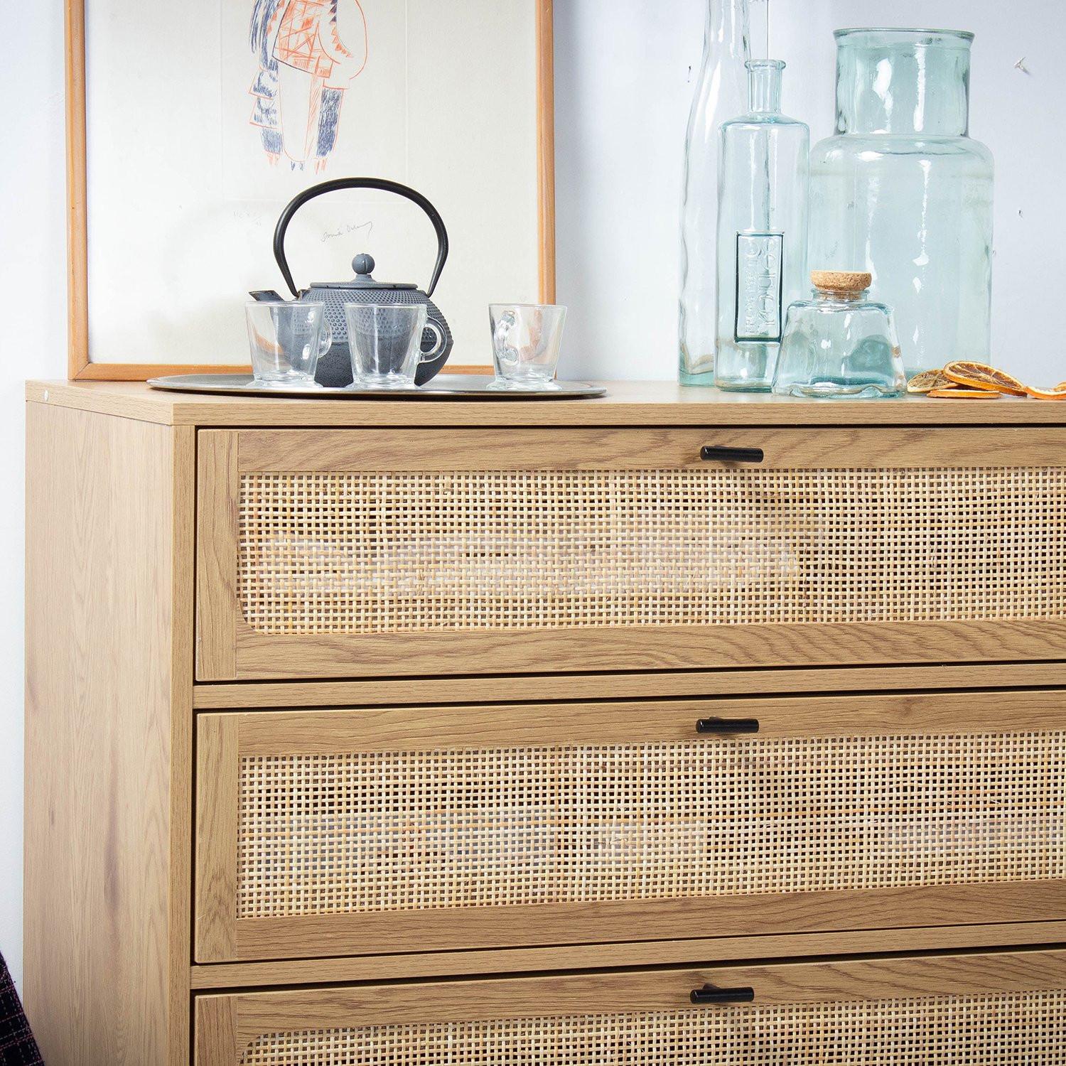 Calicosy Cassettiera a 3 cassetti effetto legno con impagliatura in rattan L80 cm - JAYA  