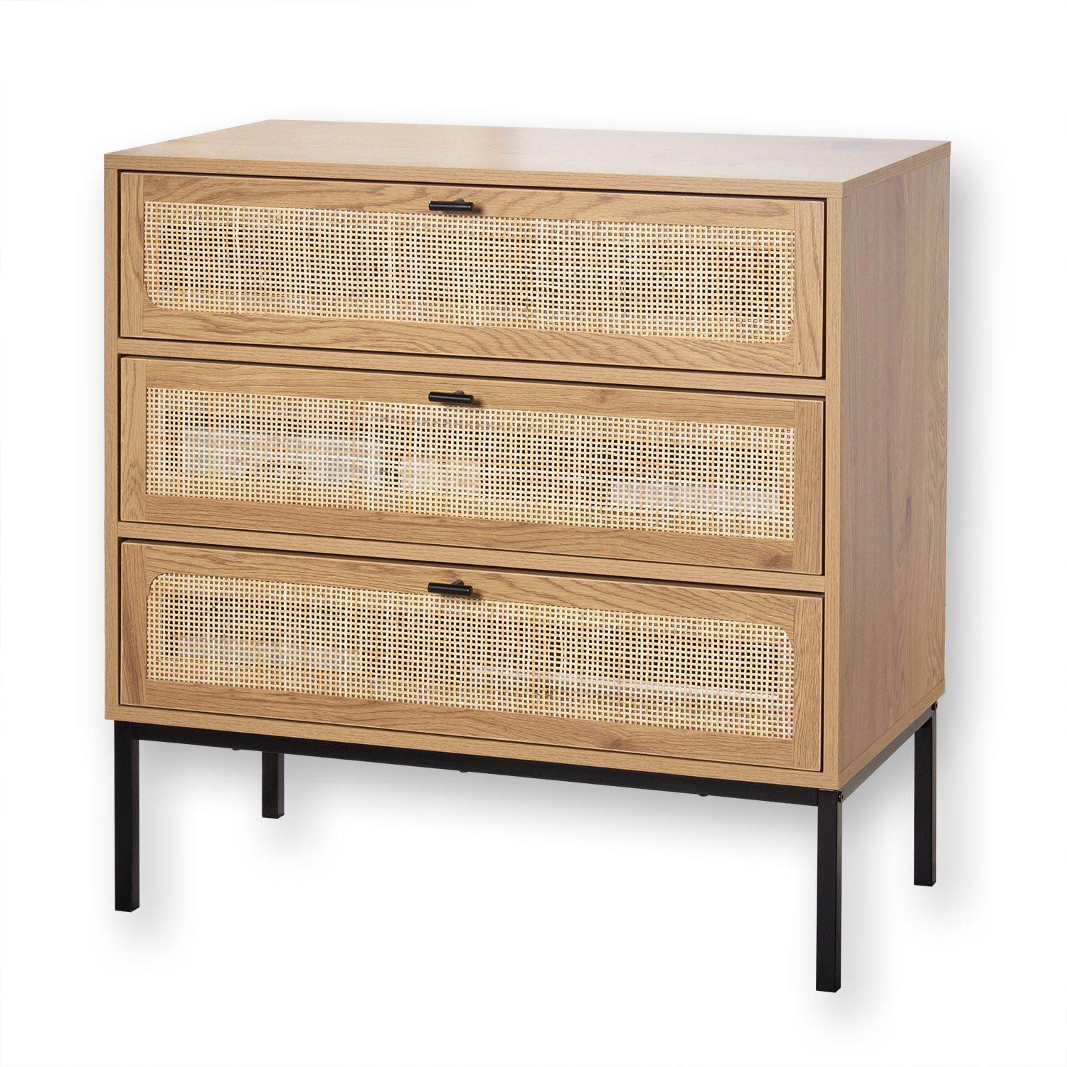 Calicosy Cassettiera a 3 cassetti effetto legno con impagliatura in rattan L80 cm - JAYA  