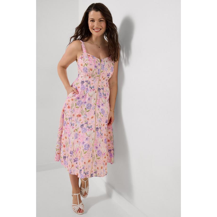 Leinenmix-Kleid mit Herzausschnitt und Reißverschluss