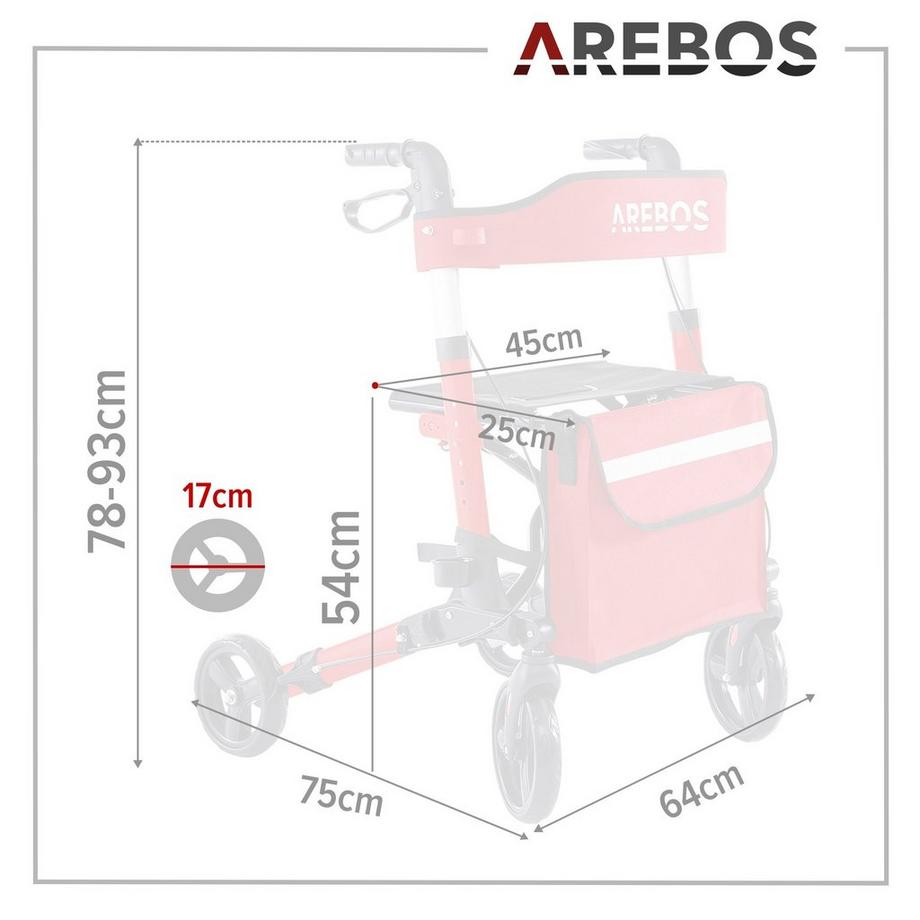Arebos  Alu Rollator | Klappbar | Leichtgewichtsrollator | 6 Höheneinstellung 