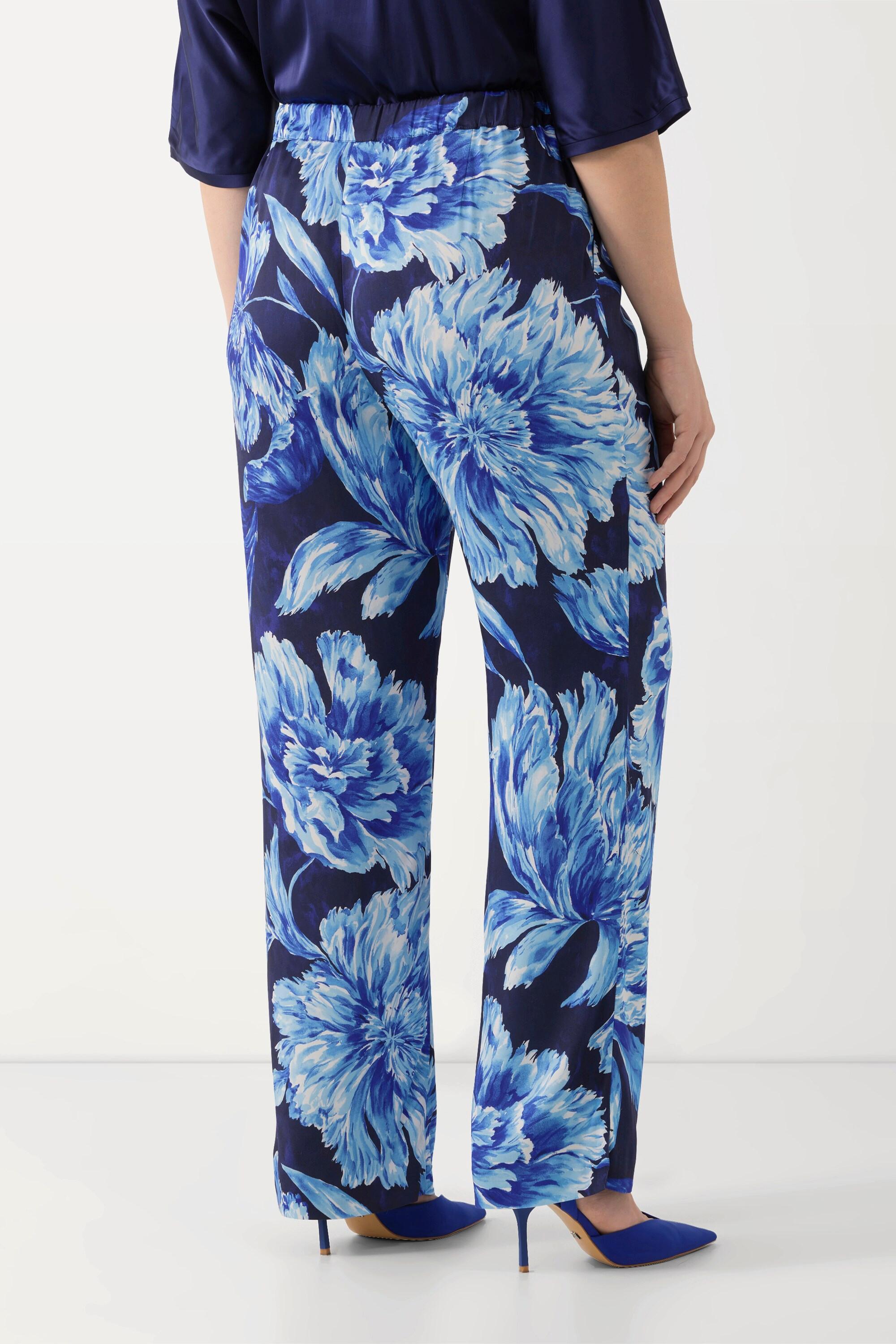 Ulla Popken  Pantalon en satin à imprimé floral, jambe droite et taille élastique 