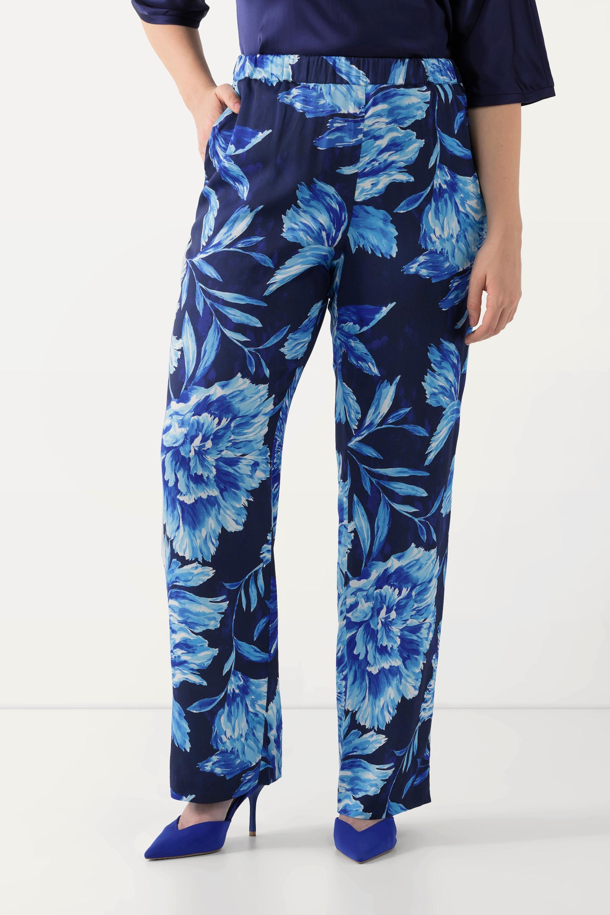 Ulla Popken  Pantalon en satin à imprimé floral, jambe droite et taille élastique 