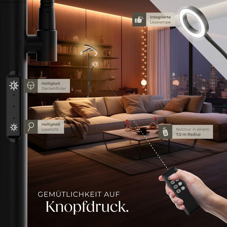 Tectake  Deckenfluter Auralis LED, 20 W, inklusive Leselicht 7 W dimmbar, variable Farbtemperatur 