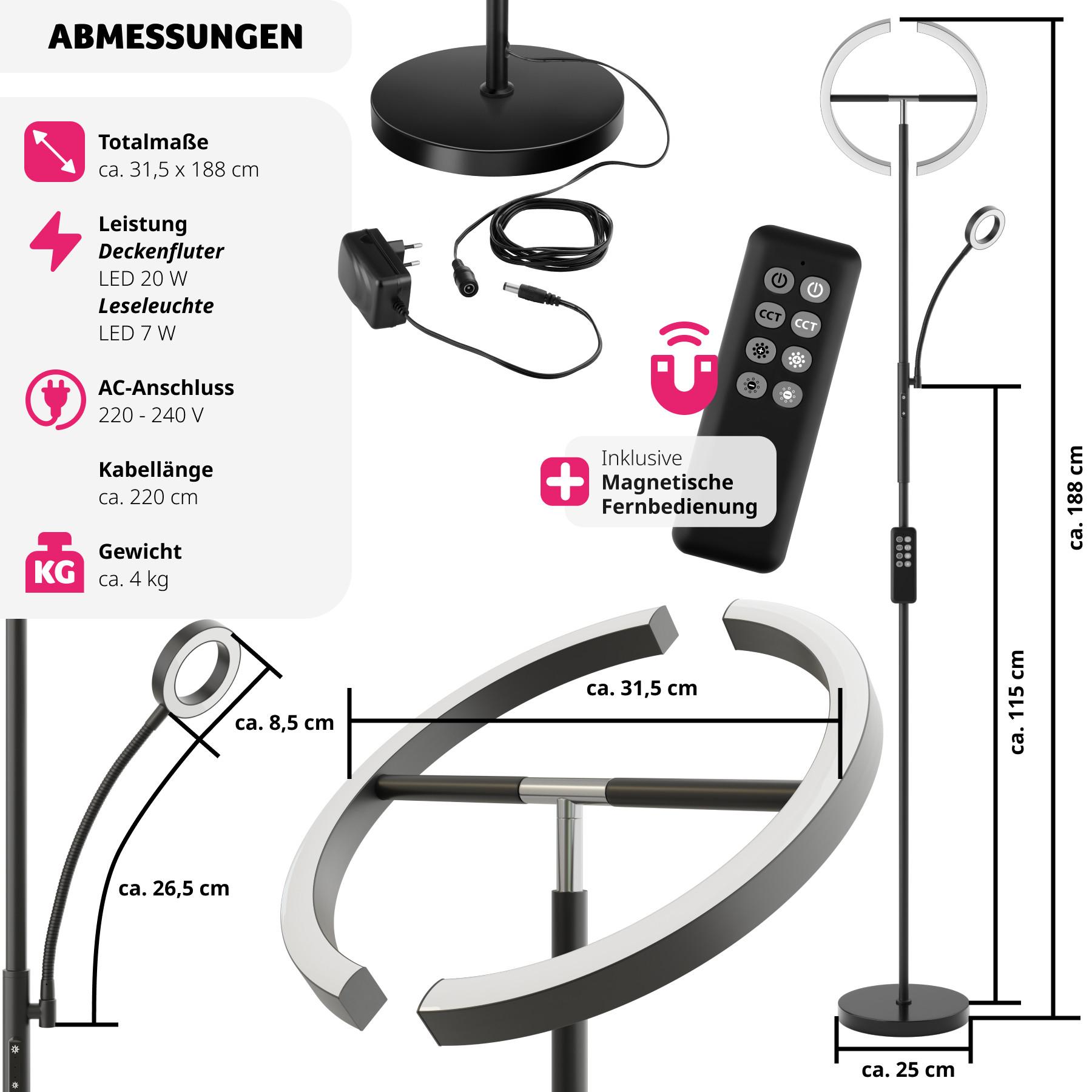 Tectake  Lampada da terra Auralis LED 20W, luce da lettura, dimmerabile 