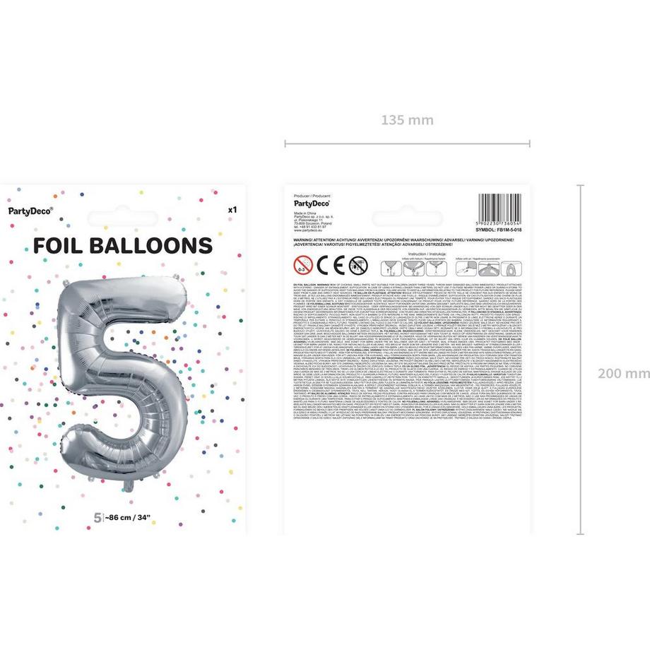 PartyDeco  Folienballon Zahl 5 