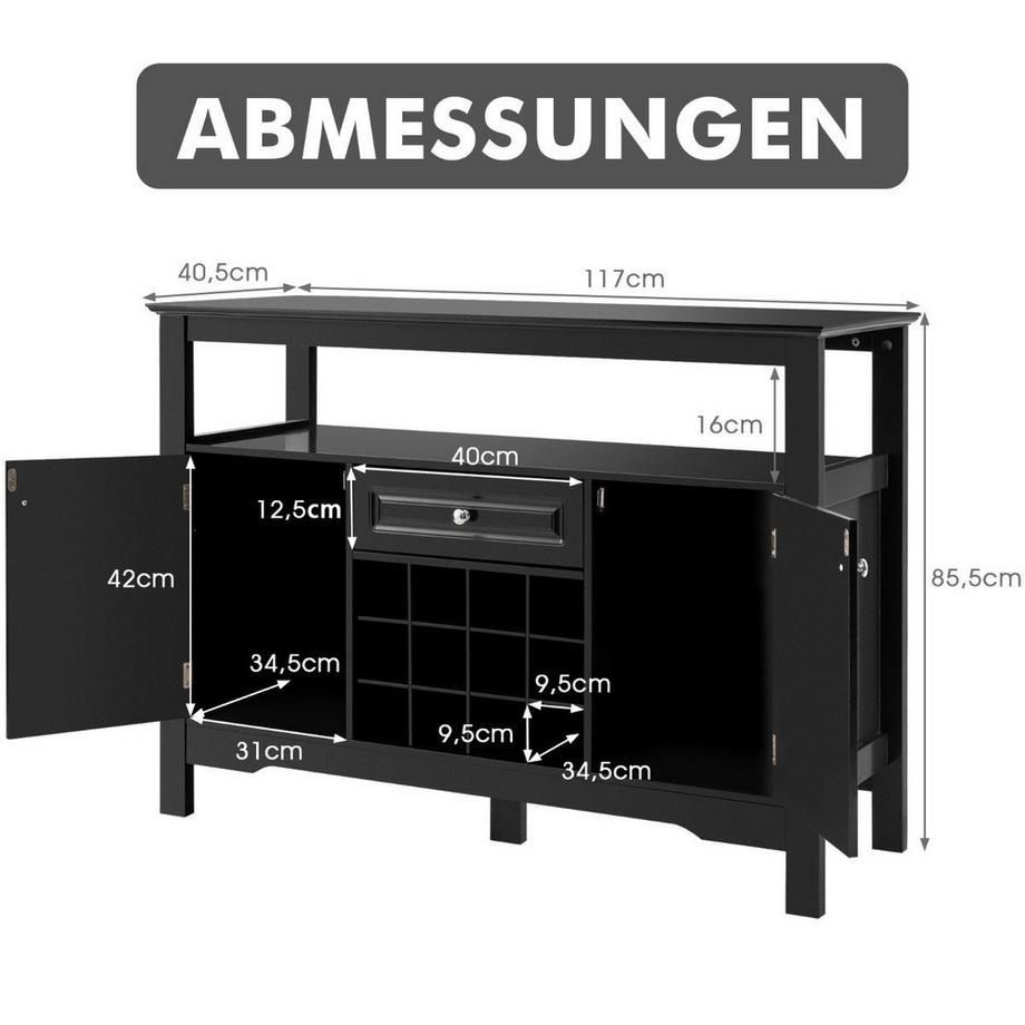 B2X Buffet moderno per sala da pranzo con portabottiglie, armadietti e cassetti 117 x 40,5 x 82,5 cm nero  