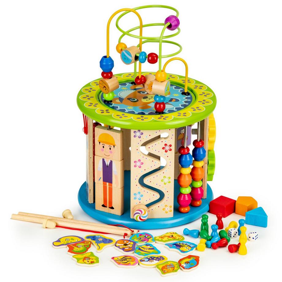 Cubo educativo in legno con giochi, blocchi, pesca