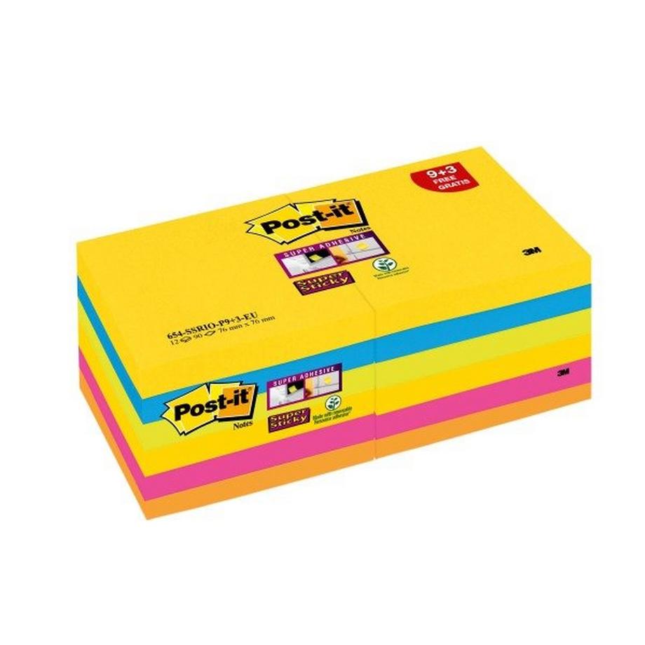 POST-IT Super Sticky Notes 76x76mm 654SR9+3 Rio 5 Farben 12 x 90 Blatt