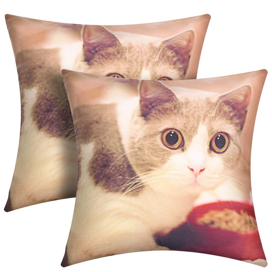 Avizar 2 Stk. Kissenbezüge Katze mit Napf  