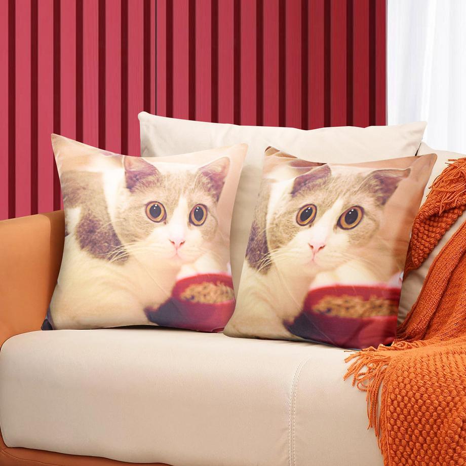 Avizar 2 Stk. Kissenbezüge Katze mit Napf  