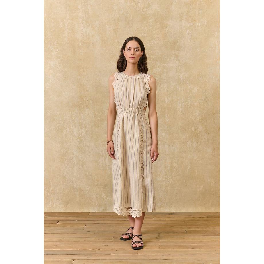 Ärmelloses Kleid ARIANE mit feinen Streifen und Stickereien