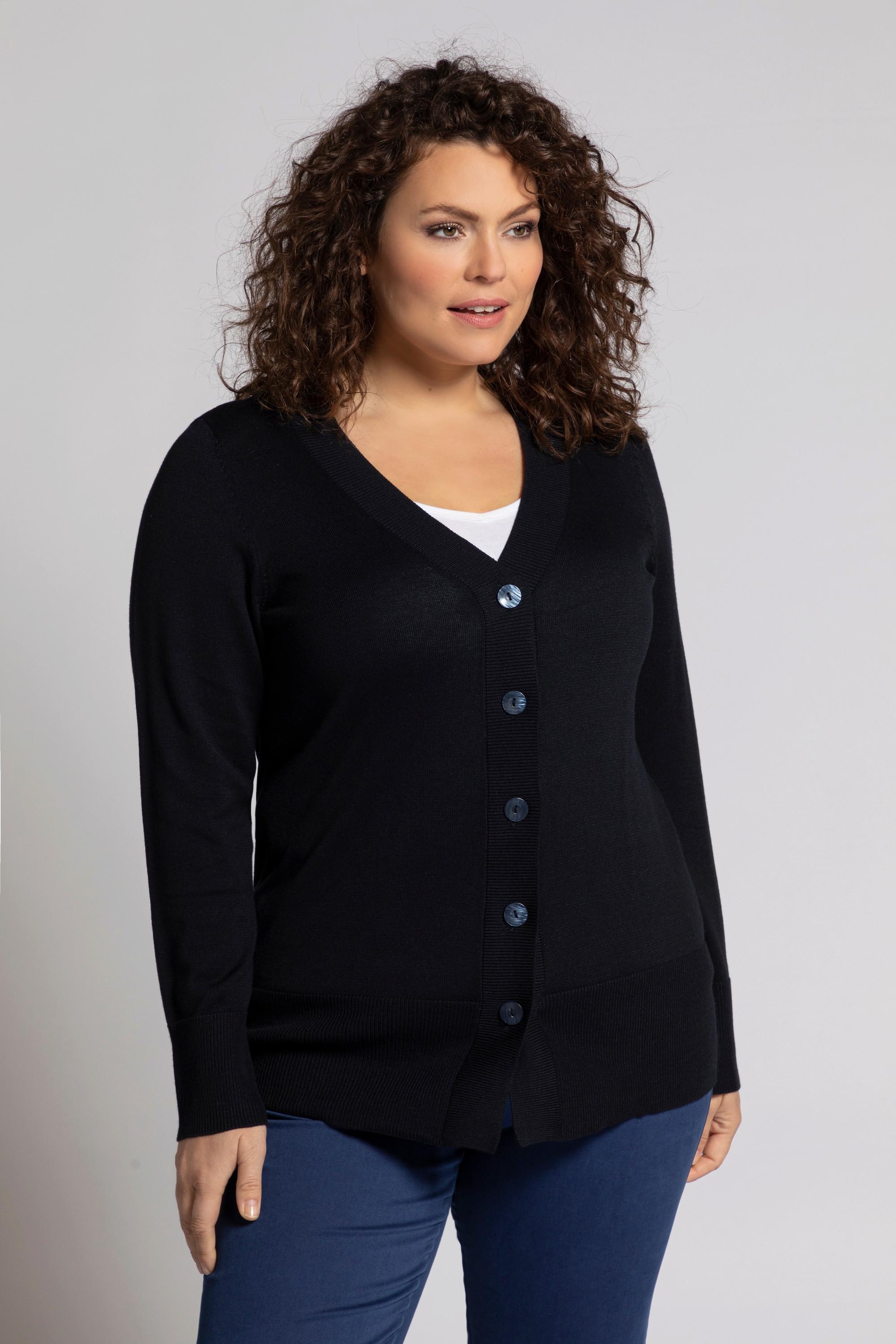 Ulla Popken  Cardigan fine maille, encolure en V et patte de boutonnage 