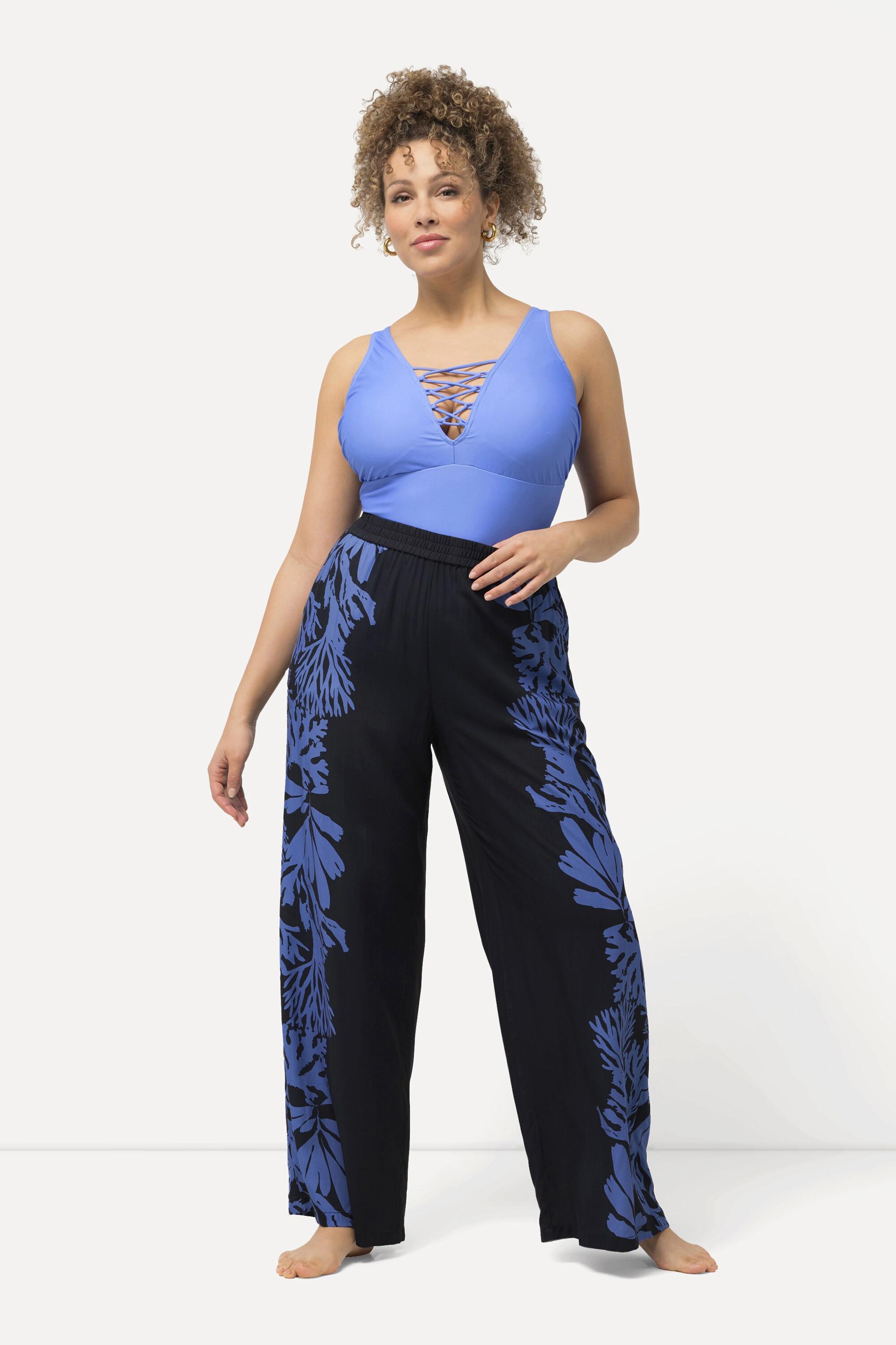 Ulla Popken  Pantalon Palazzo dans un imprimé corail, jambe large et taille élastique 