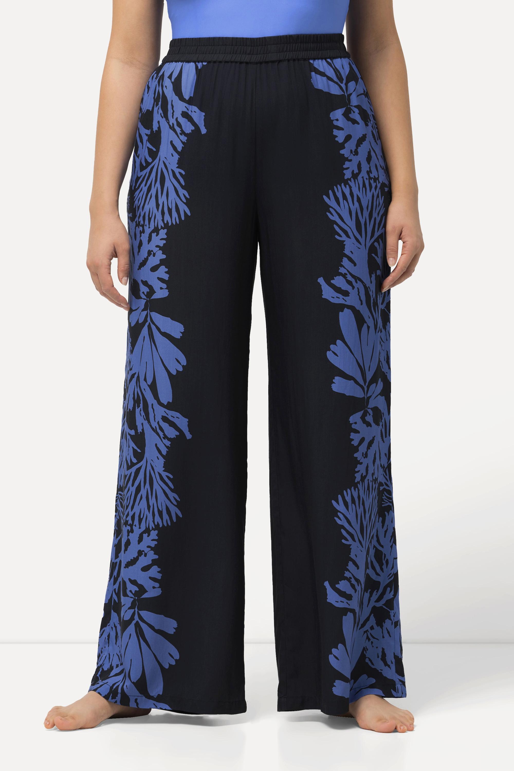 Ulla Popken  Pantalon Palazzo dans un imprimé corail, jambe large et taille élastique 