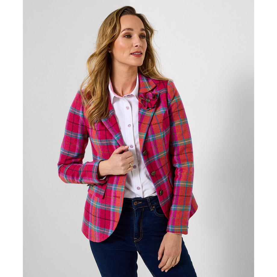 Einreihige Jacke mit Karomuster und abnehmbarer Blume