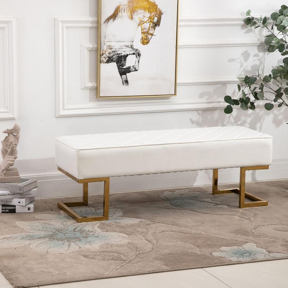 Northio  Banc coffre pour chambre et salon, simili cuir métal blanc or 120x43x42 cm, banc de lit élégant 