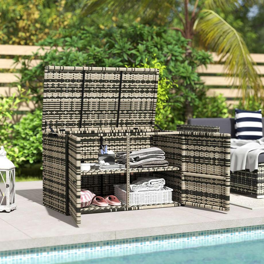 Northio Rattan Auflagenbox 350L 2-Ebenne wetterfest Kissenbox mit Deckel Hebestangen Tragegriffe UV-beständig Gartenbox Aufbewahrungsbox Gartentruhe für Garten Terrasse Balkon 118x57x69 cm Mischgrau |  