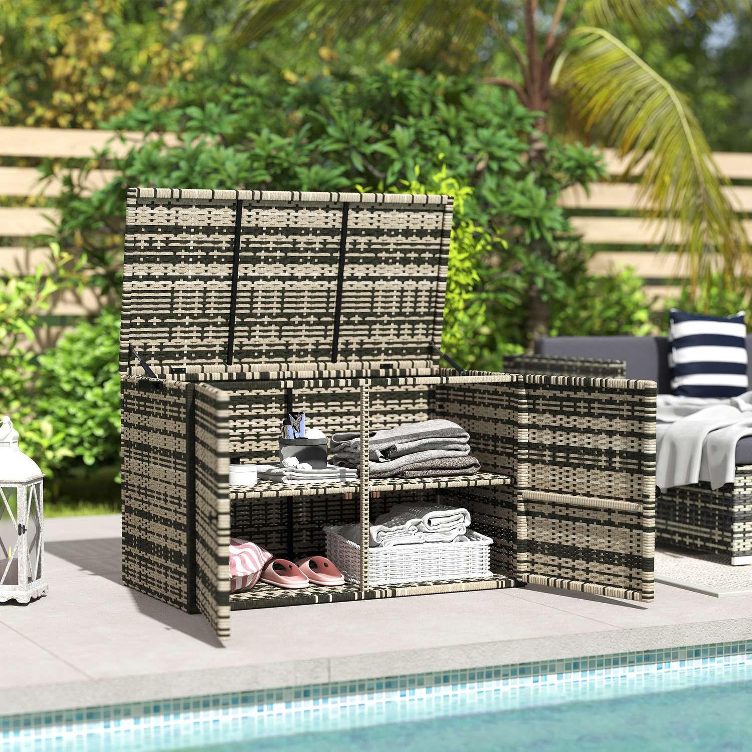 Northio Rattan Auflagenbox 350L 2-Ebenne wetterfest Kissenbox mit Deckel Hebestangen Tragegriffe UV-beständig Gartenbox Aufbewahrungsbox Gartentruhe für Garten Terrasse Balkon 118x57x69 cm Mischgrau |  