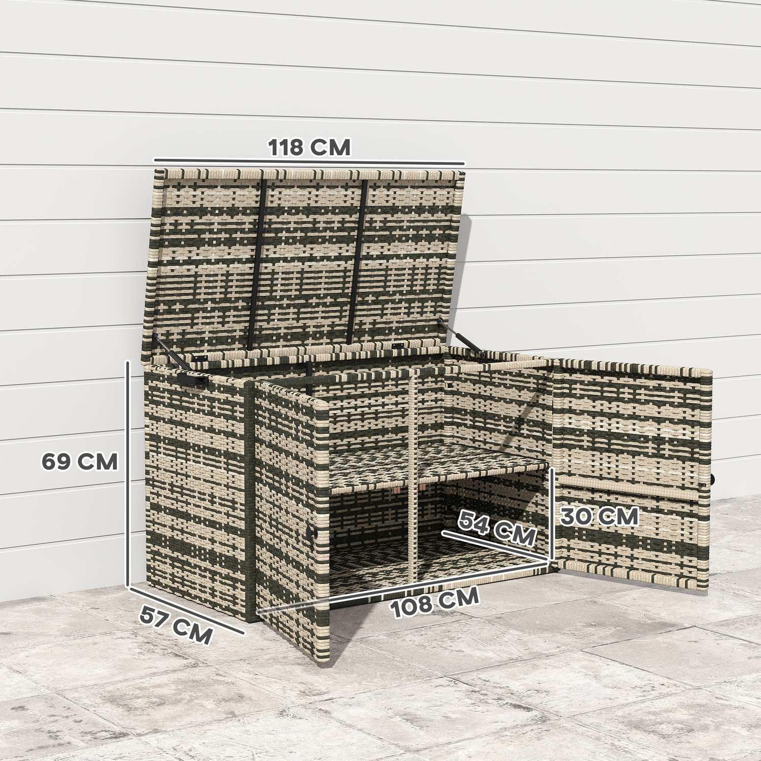 Northio Rattan Auflagenbox 350L 2-Ebenne wetterfest Kissenbox mit Deckel Hebestangen Tragegriffe UV-beständig Gartenbox Aufbewahrungsbox Gartentruhe für Garten Terrasse Balkon 118x57x69 cm Mischgrau |  