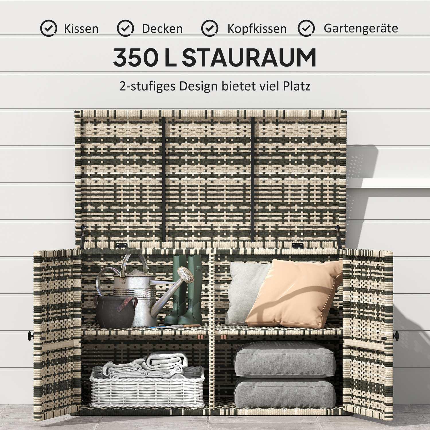 Northio Rattan Auflagenbox 350L 2-Ebenne wetterfest Kissenbox mit Deckel Hebestangen Tragegriffe UV-beständig Gartenbox Aufbewahrungsbox Gartentruhe für Garten Terrasse Balkon 118x57x69 cm Mischgrau |  