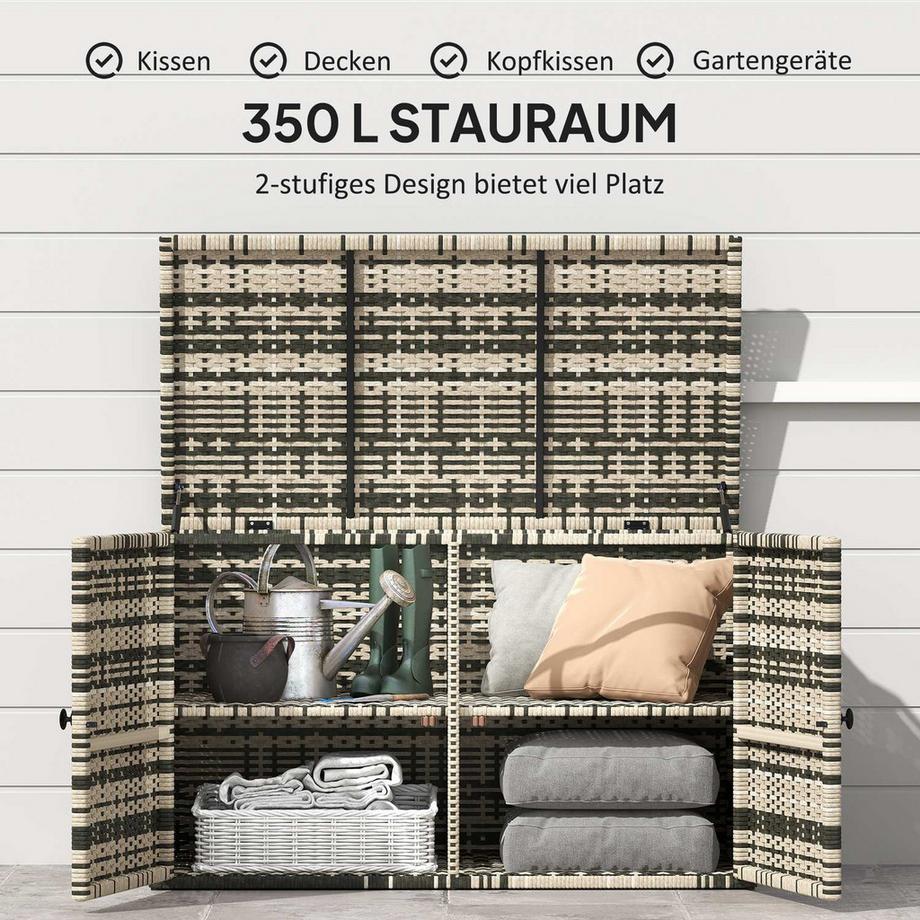 Northio Rattan Auflagenbox 350L 2-Ebenne wetterfest Kissenbox mit Deckel Hebestangen Tragegriffe UV-beständig Gartenbox Aufbewahrungsbox Gartentruhe für Garten Terrasse Balkon 118x57x69 cm Mischgrau |  