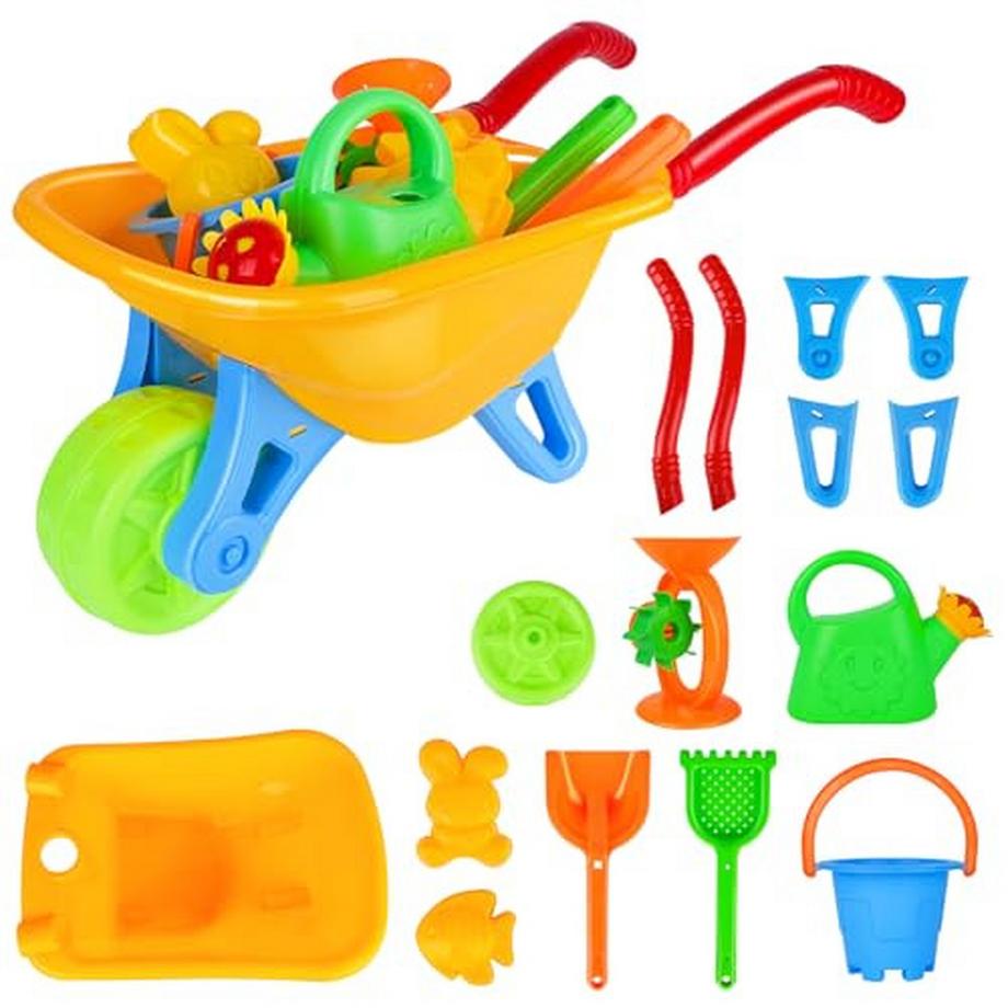 2 in 1 Sandspielzeug und Garten Set, Kinder Schubkarre, 7 Teile, Baby Schubkarre gefüllt und
