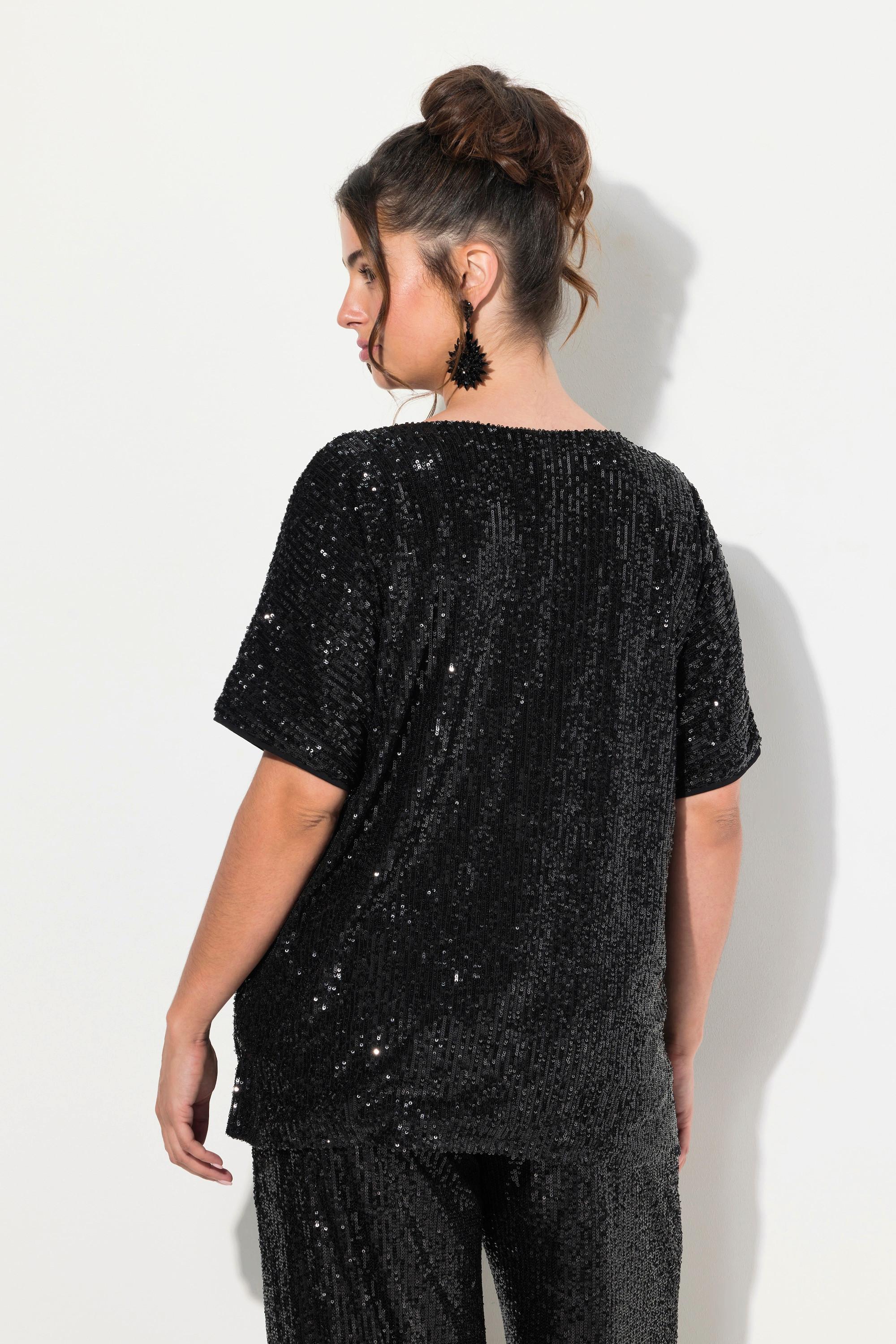 Ulla Popken  Maglia dal taglio oversize con paillettes, scollo a V e mezze maniche 