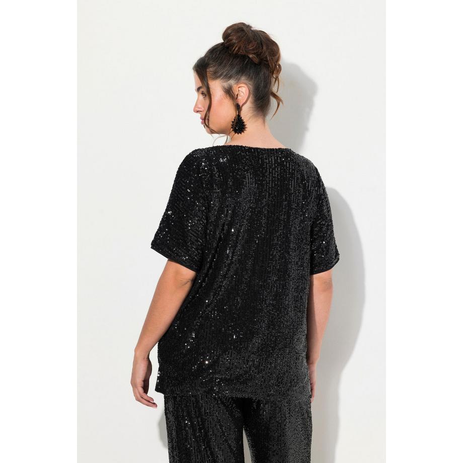 Ulla Popken T-shirt à Paillettes Oversized Col V Manches Courtes  