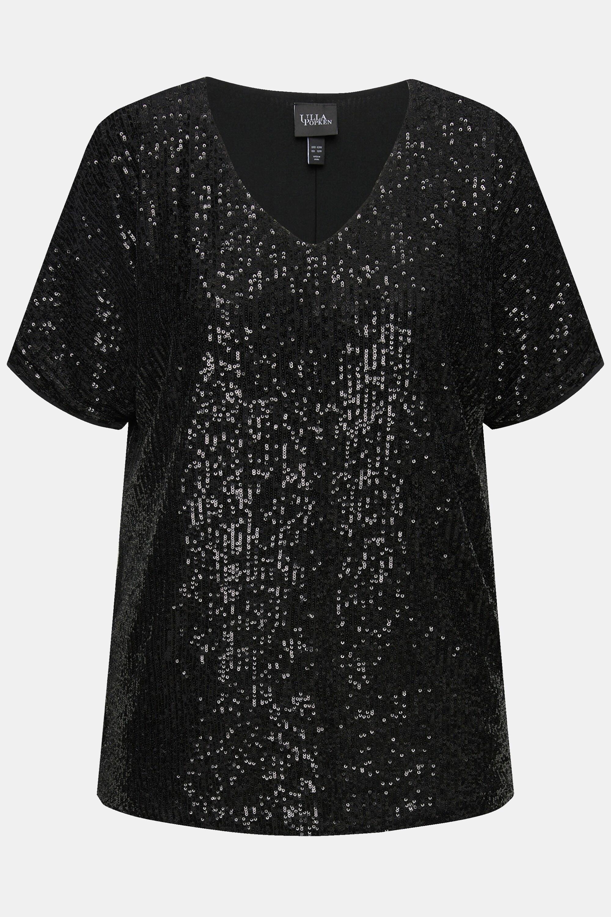 Ulla Popken  Maglia dal taglio oversize con paillettes, scollo a V e mezze maniche 