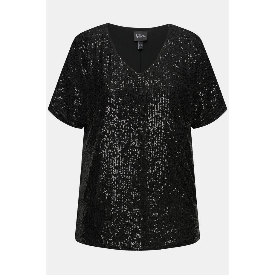 Ulla Popken T-shirt à Paillettes Oversized Col V Manches Courtes  