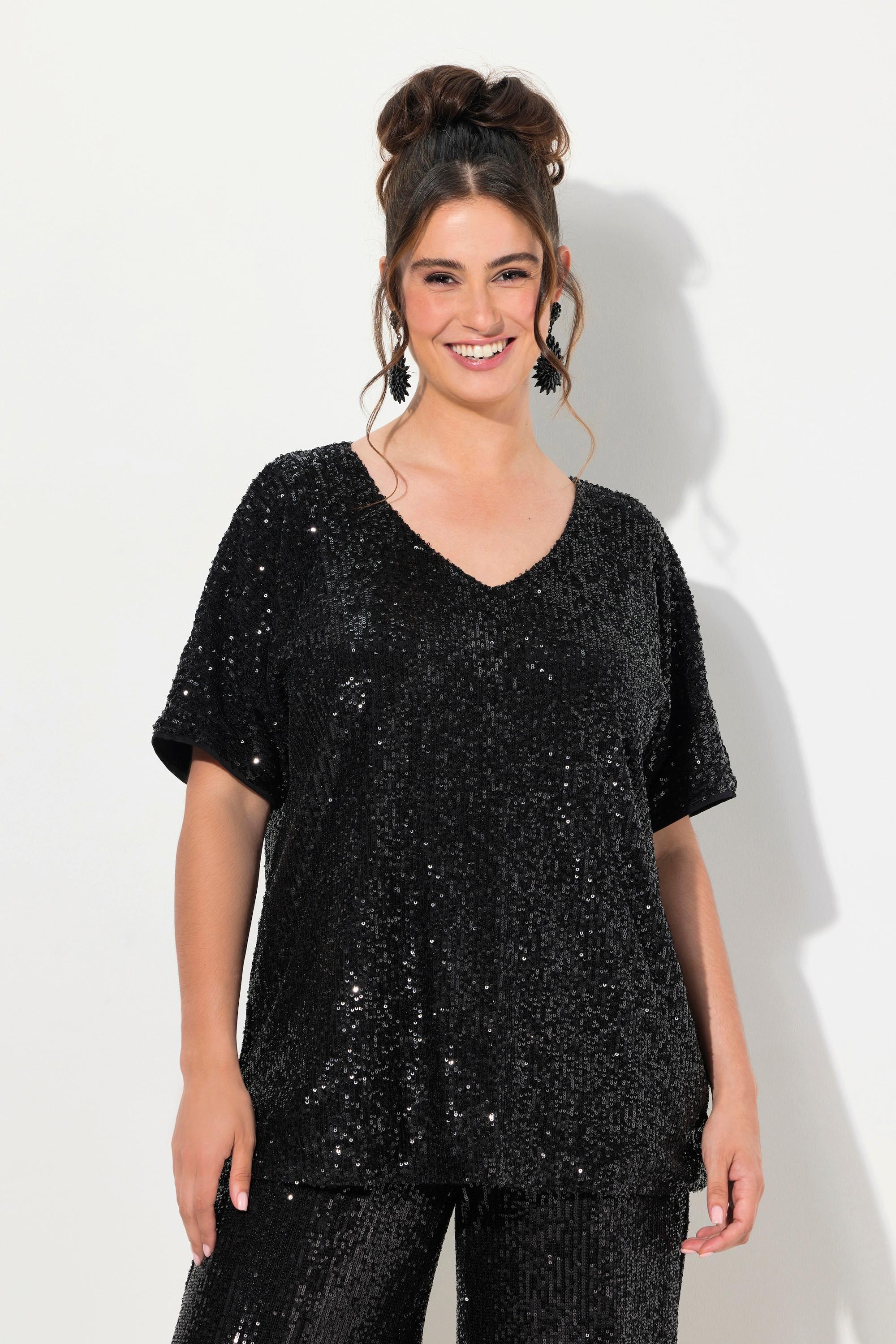 Ulla Popken  Maglia dal taglio oversize con paillettes, scollo a V e mezze maniche 