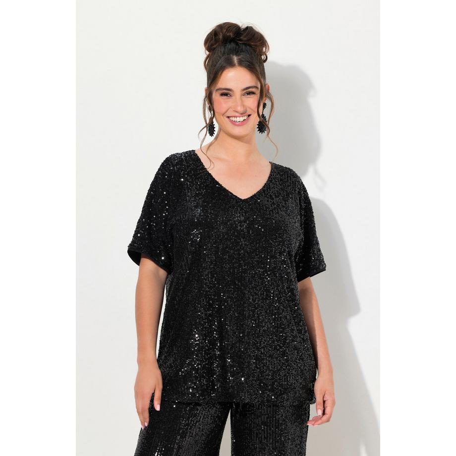 Ulla Popken T-shirt à Paillettes Oversized Col V Manches Courtes  