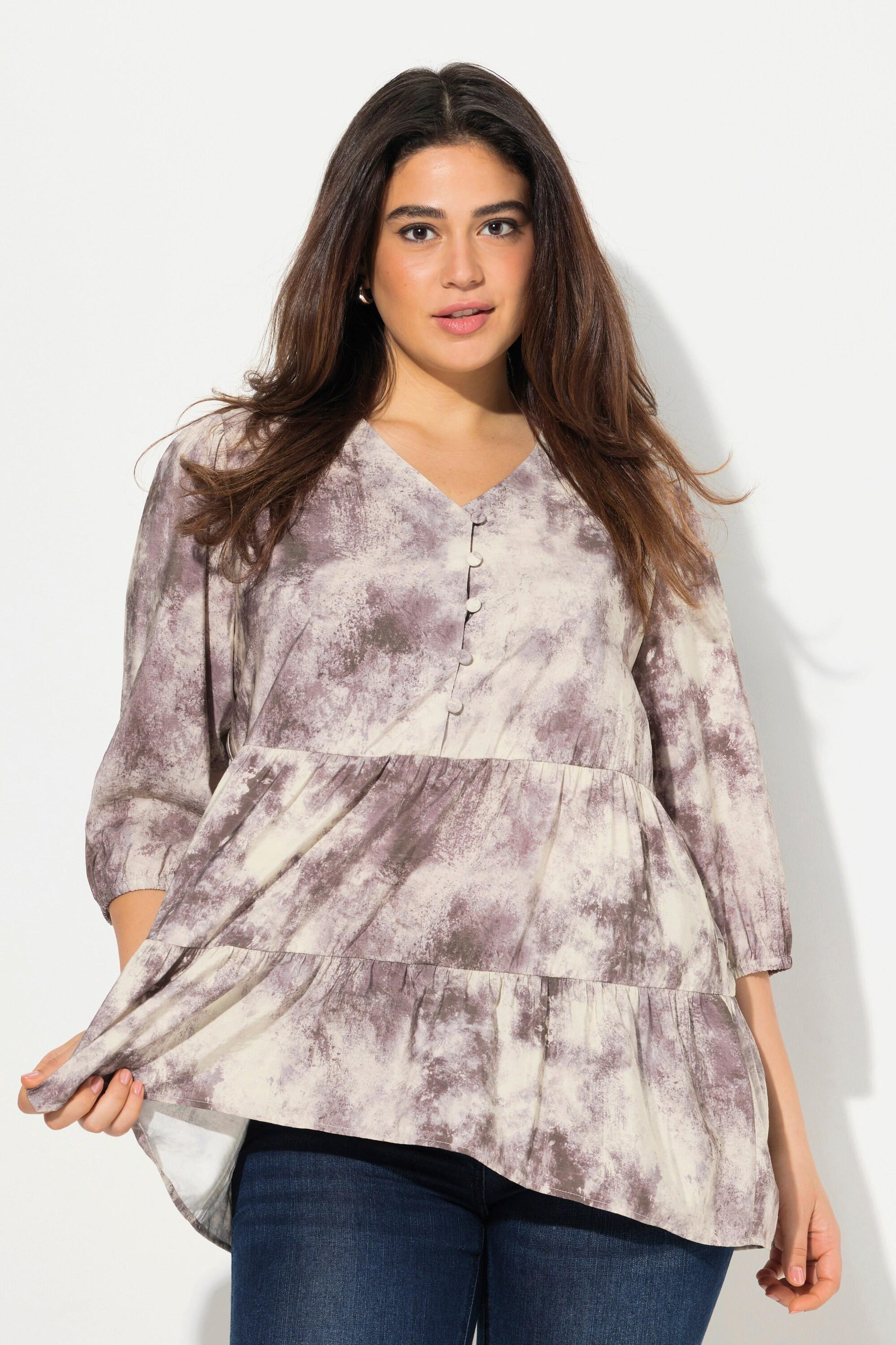 Ulla Popken Blusa Stampa Batik Linea ad A Scollo a V Maniche Lunghe  