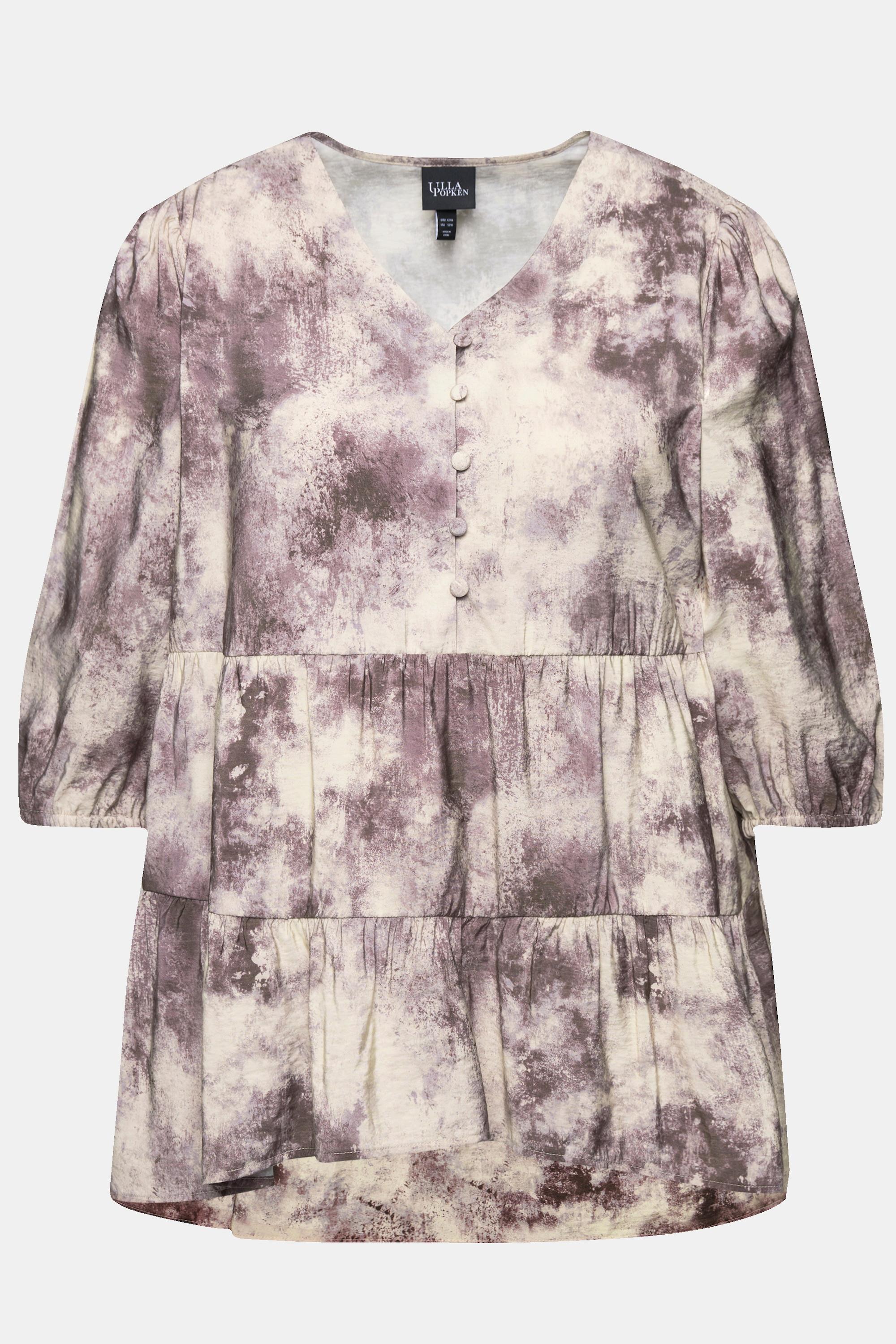 Ulla Popken Blusa Stampa Batik Linea ad A Scollo a V Maniche Lunghe  