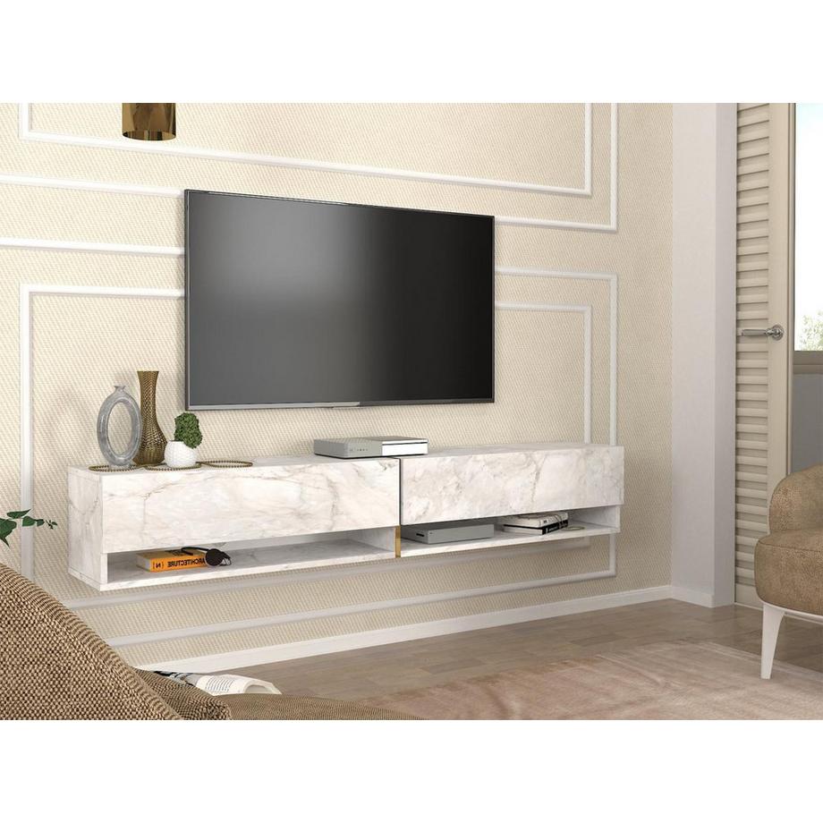 Vente-unique  Meuble TV suspendu avec 2 portes et 2 niches - Effet marbre blanc - NARISA 