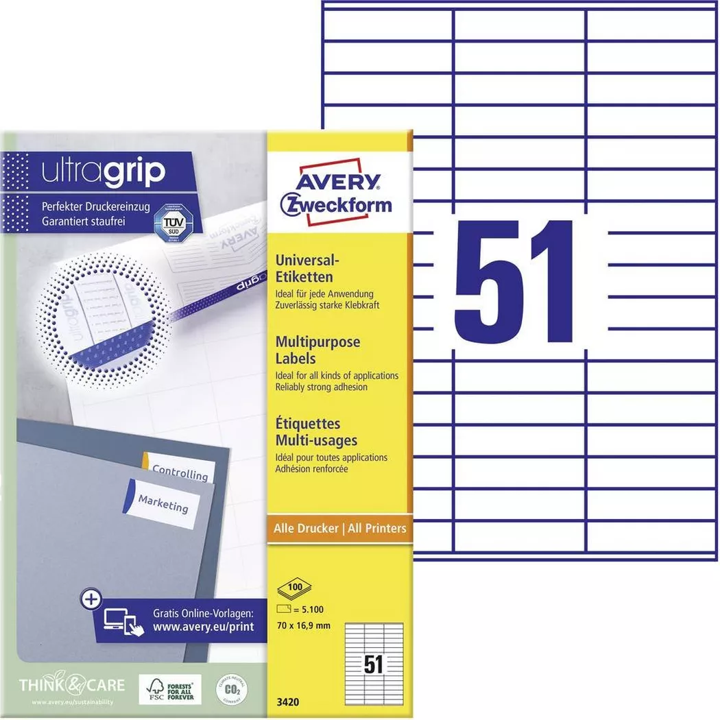 Avery-Zweckform – AVERY ZWECKFORM Universal-Etikett. 70×16,9mm, 5100 Stk., One Size, Weiss