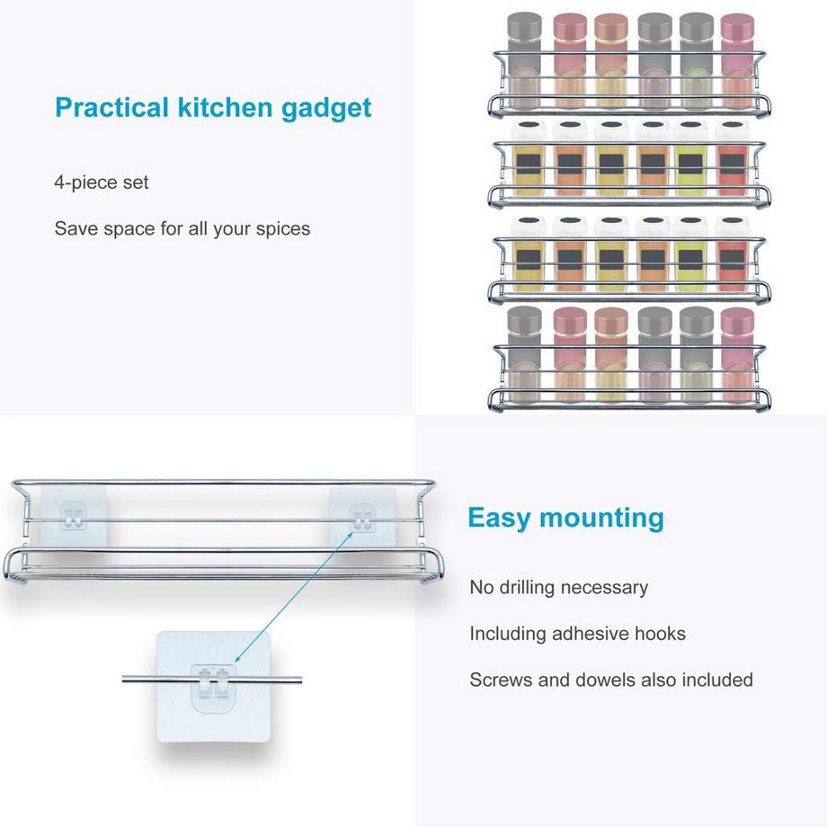 Intirilife Ensemble d’étagères à épices sans perçage 4 étagères murales en fer Argenté  