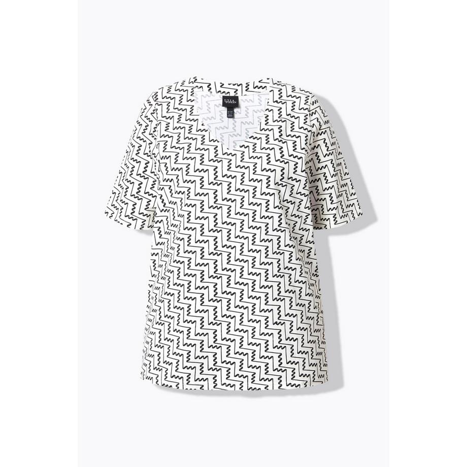 Ulla Popken T-shirt Stampa Grafica Scollo a V Taglio Svasato Mezze Maniche  