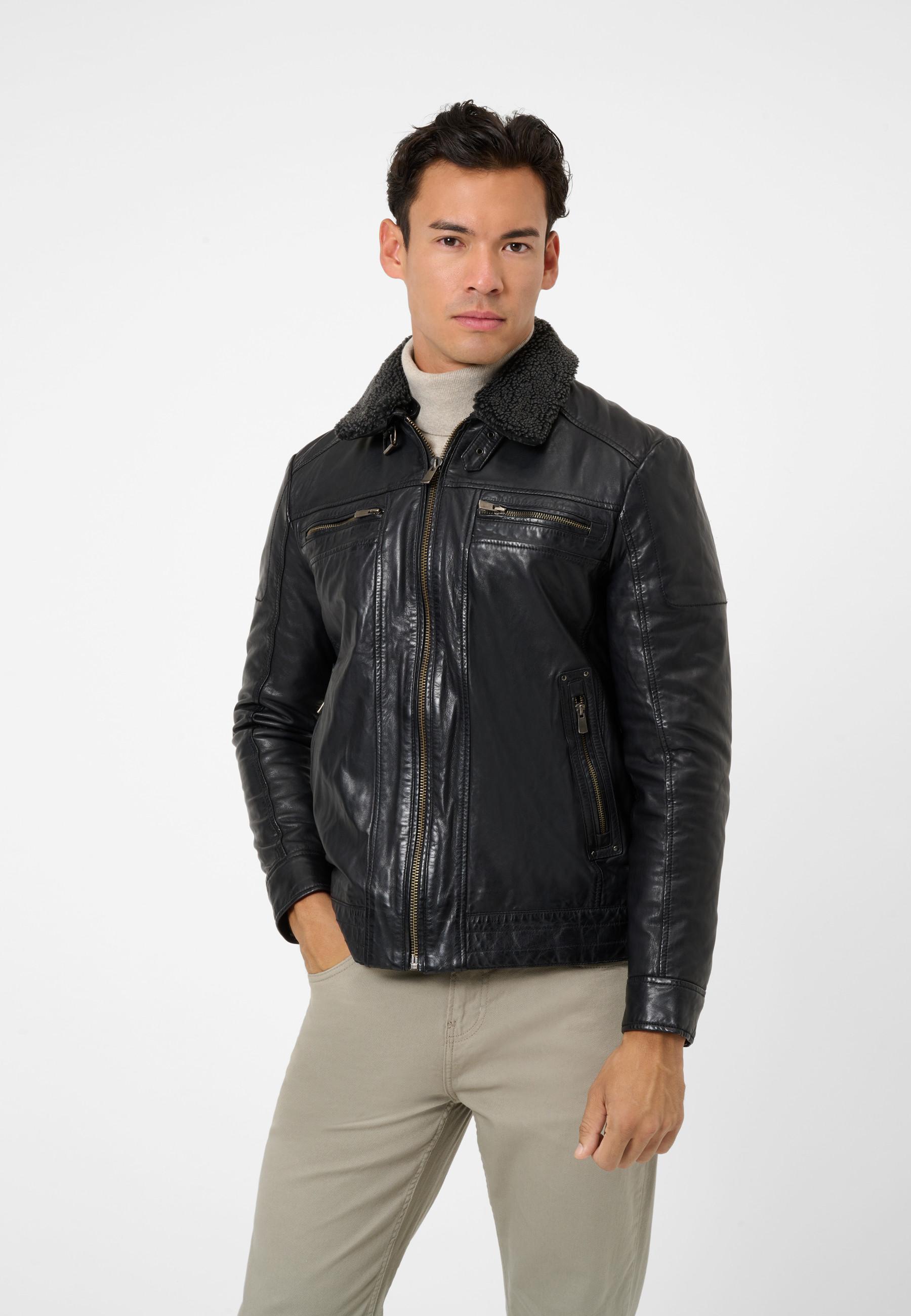 RICANO  Veste en cuir pour homme Dino, col en fourrure et poches poitrine 